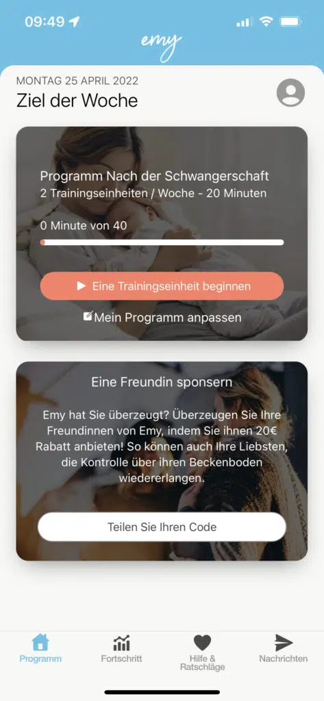 Emy Beckenbodentrainer App Startbildschirm
